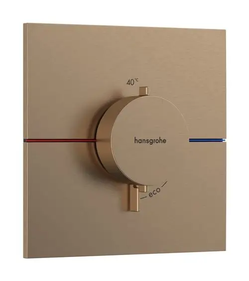 Thermostatsteuerung in gebürstetem Bronze-Finish von Hansgrohe mit einer zentralen Drehknopfsteuerung und Temperaturanzeige bis 40°C, Eco-Funktion und farbigen Temperaturindikatoren.